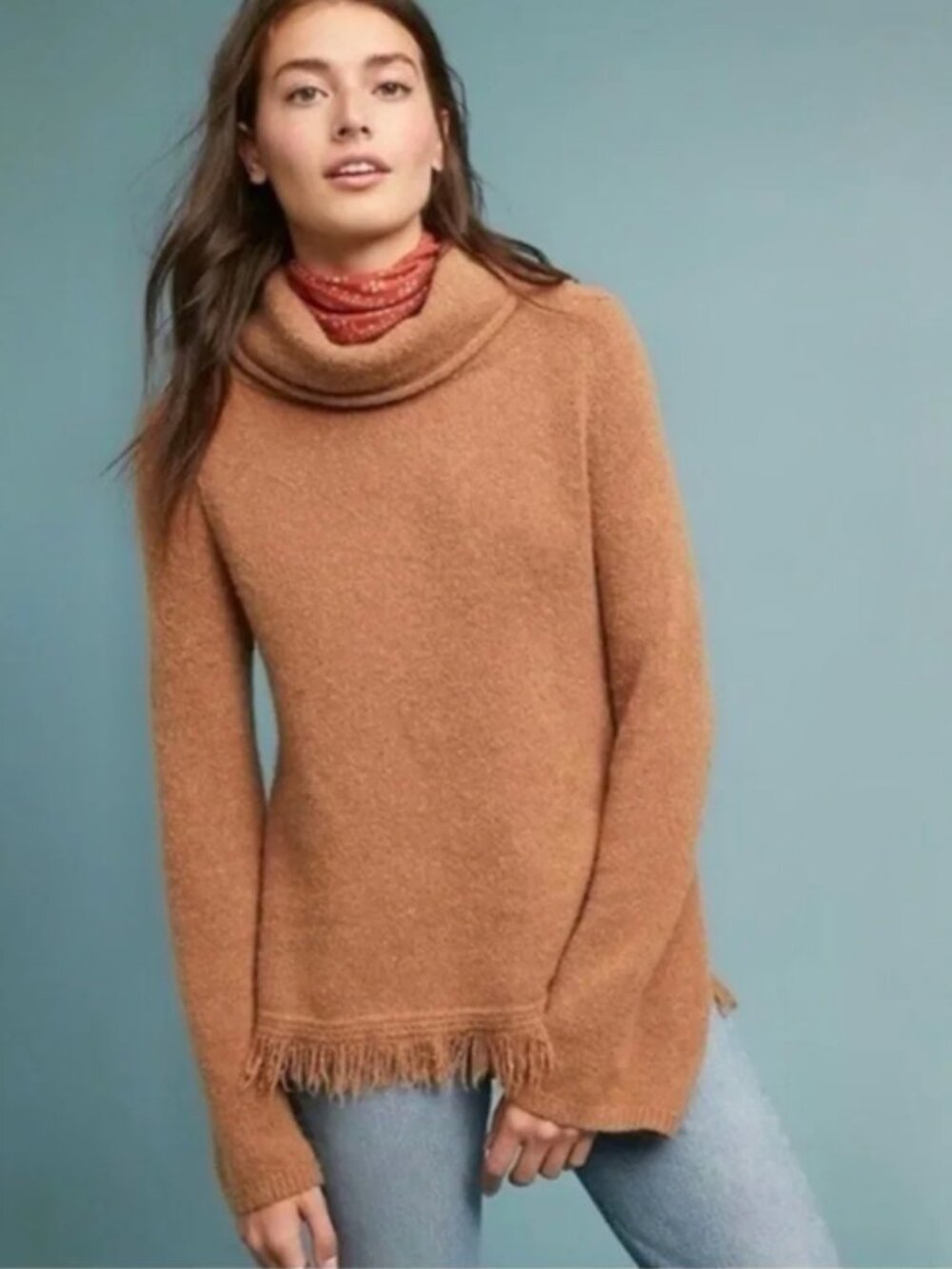 Anthropologie Akemi + Kin Fringe Sweater Turtleneck Brown XS Boho